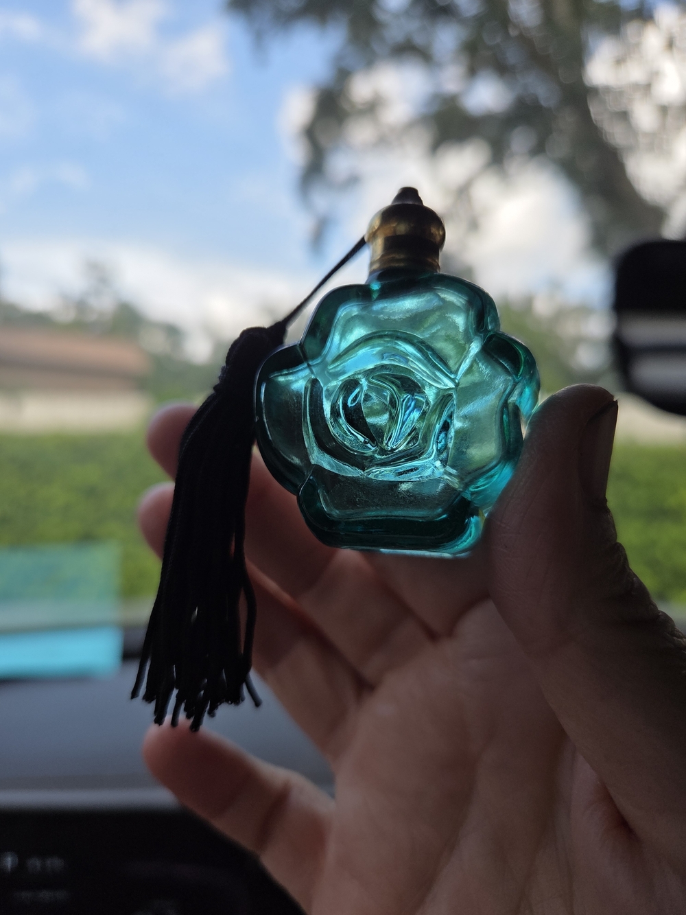 Teal Rose-Shaped Glass Perfume Bottle with Tassel - Decorative Vase Accent